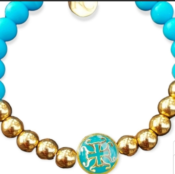 RUSTIC CUFF BLUE & GOLD STRETCH BEADED BRACELET - Picture 2 of 7